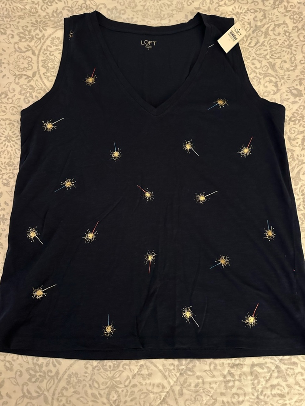 LOFT Black V-Neck Tank with Gold Sparkle Burst Motif